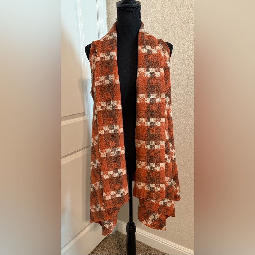 Piko 1988 Women L Sleeveless Duster Cardigan Orange and Brown Plaid Pockets